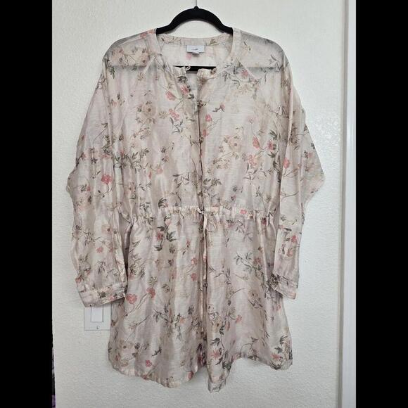 New Women’s J.Jill button long sleeve peach floral Linen tunic blouse top size L - Picture 4 of 9